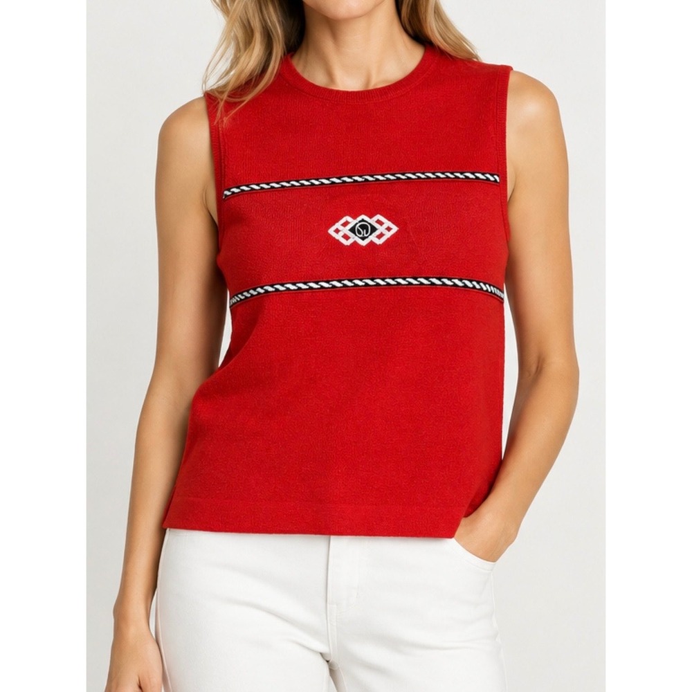 St. John Sleeveless Sweater Red Lightweight Knit Logo Crest Shell Top Womens S